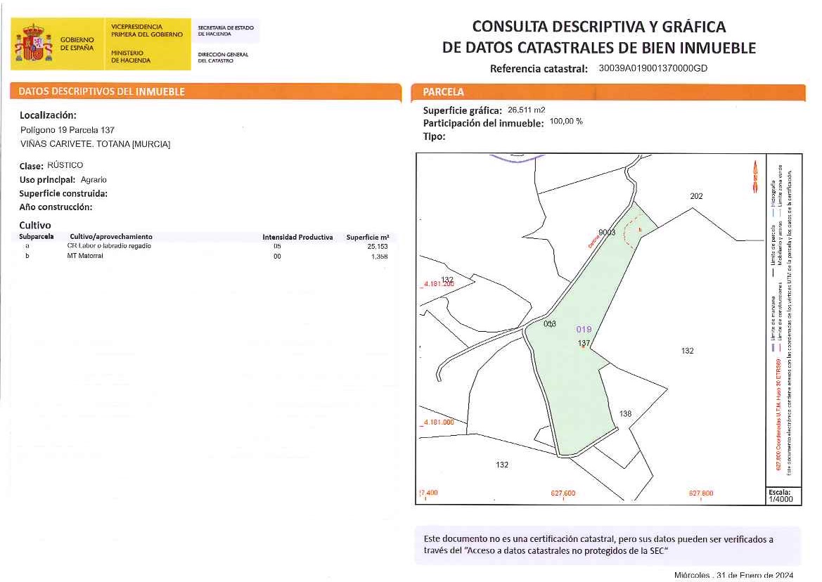 Venta Finca Rustica Edificable en Totana